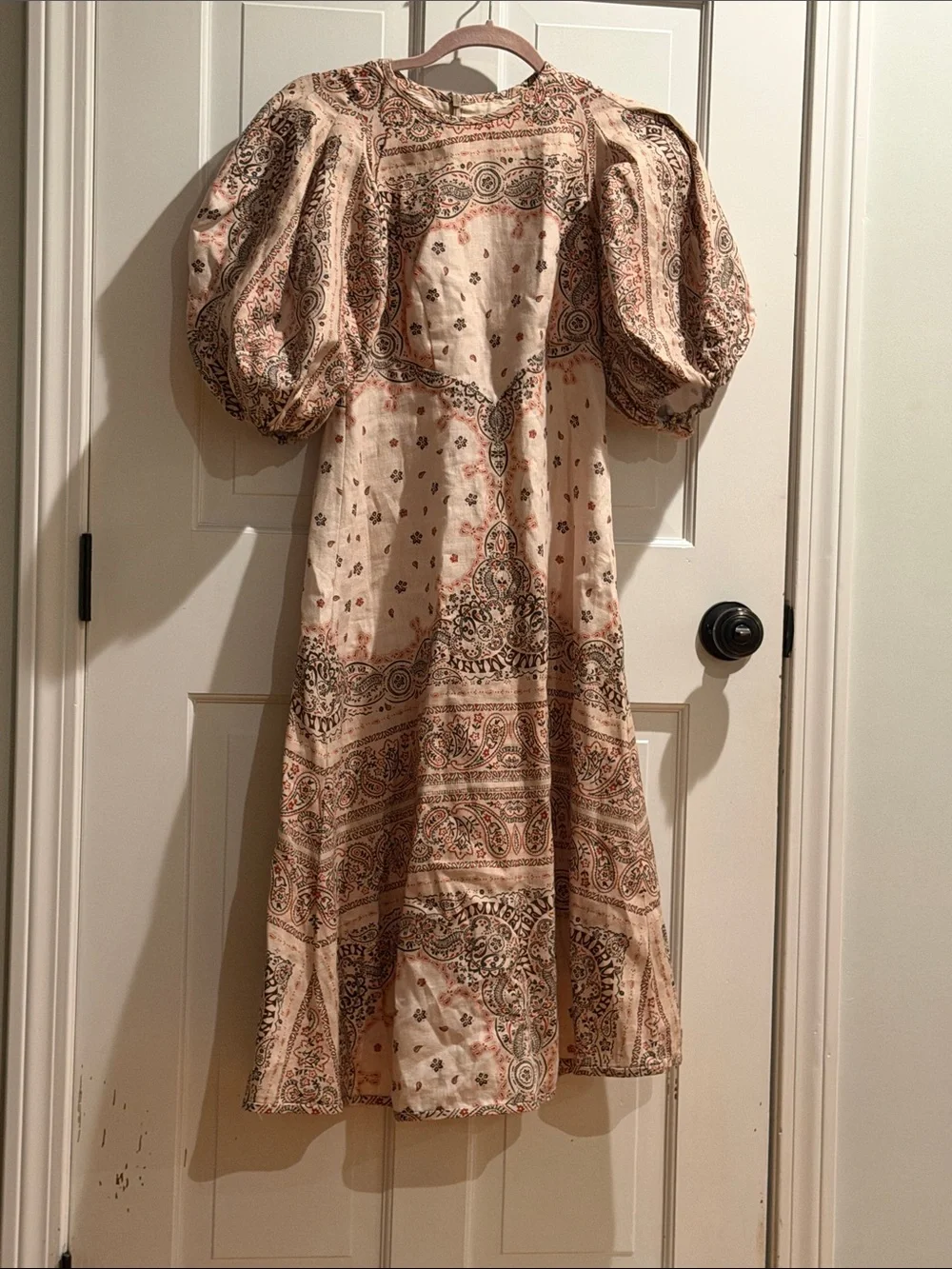 Zimmermann Blush Paisley Puff-Sleeve Midi Dress
